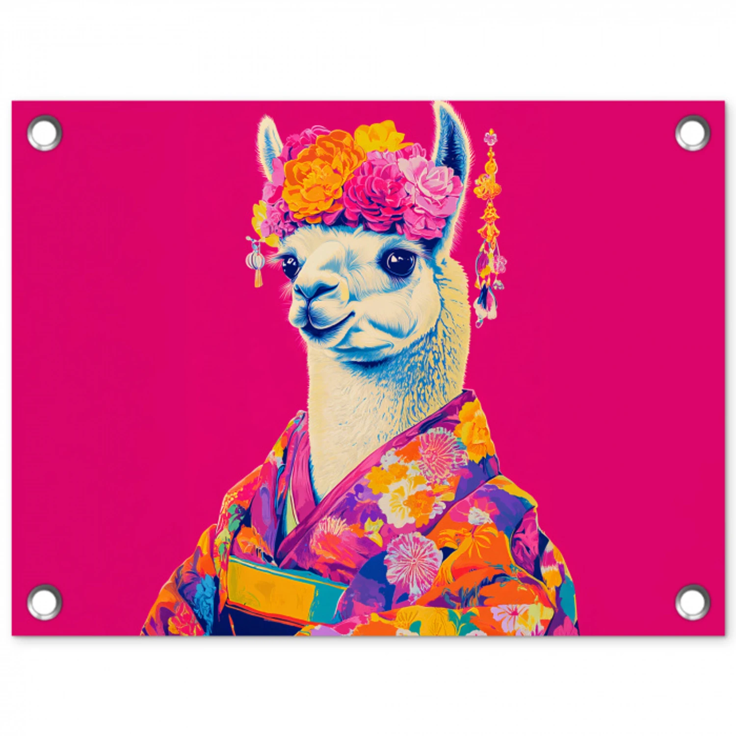 Lama - Kimono - Bloemenkrans - Felroze tuinposter los doek klein -3d