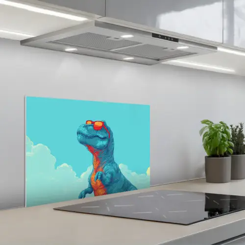 T-Rex - Blauw - Wolken - Zonnebril keuken achterwand spatscherm klein -3d_schuin