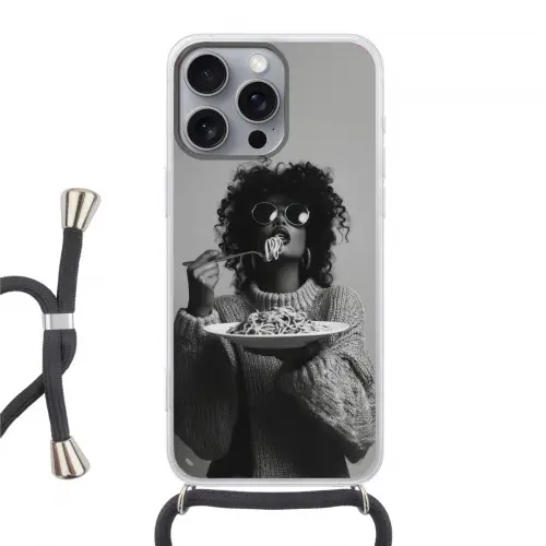 Vrouw - Pasta - Zwart - Wit Hoesje iPhone 16 Pro Max met koord klein -3d