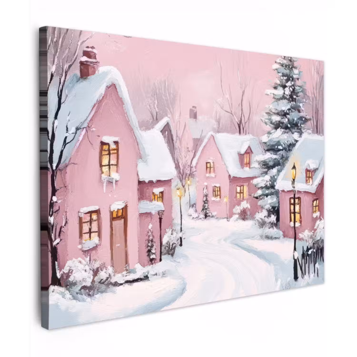 Canvas schilderij - Kerstdorp - Roze - Winter - Sneeuw - Huizen