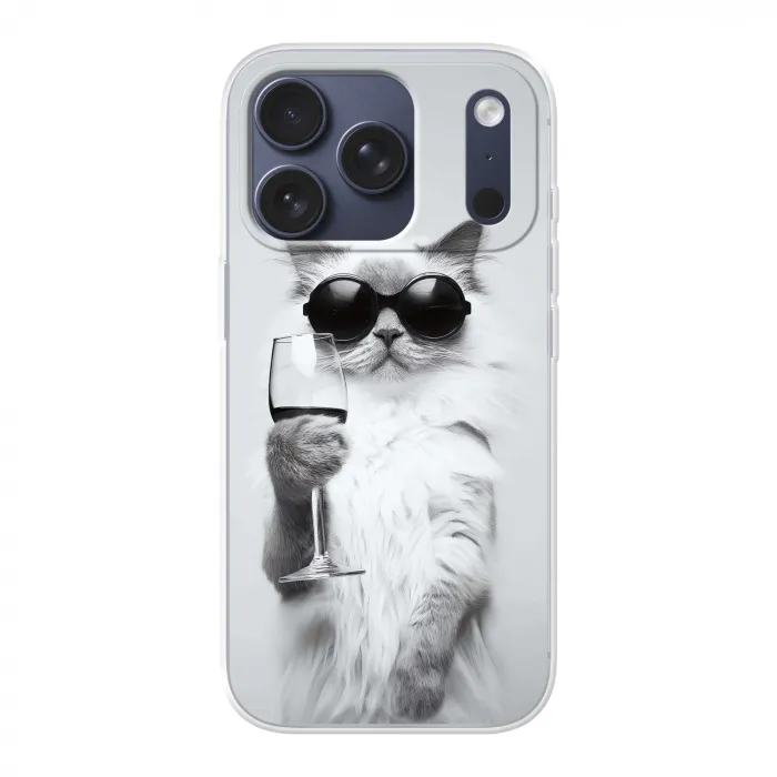 Kat - Zonnebril - Wijnglas - Langharig Telefoonhoesje iPhone 17 Pro klein -3d