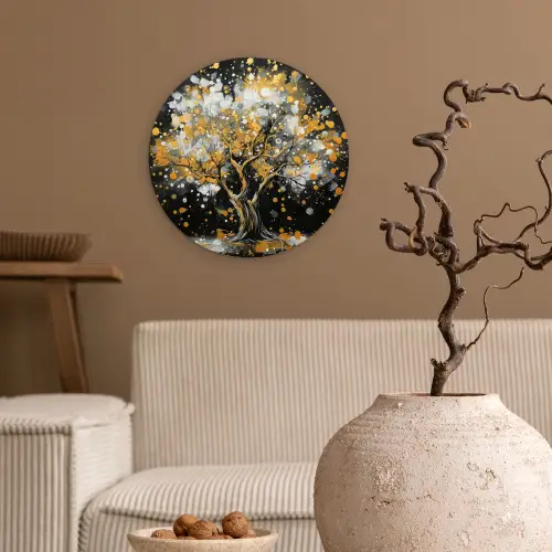 Boom - Zwart - Goud - Wit - Modern Wandcirkel kunststof plaat 5mm dik klein -sfeer1