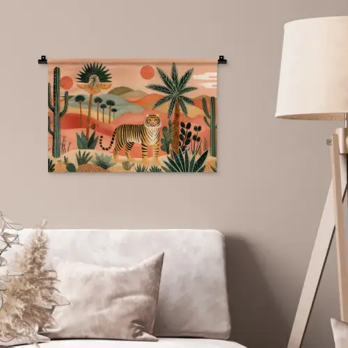 Tijger - Palmen - Cactus - Oranje Wandkleed katoen klein -sfeer4