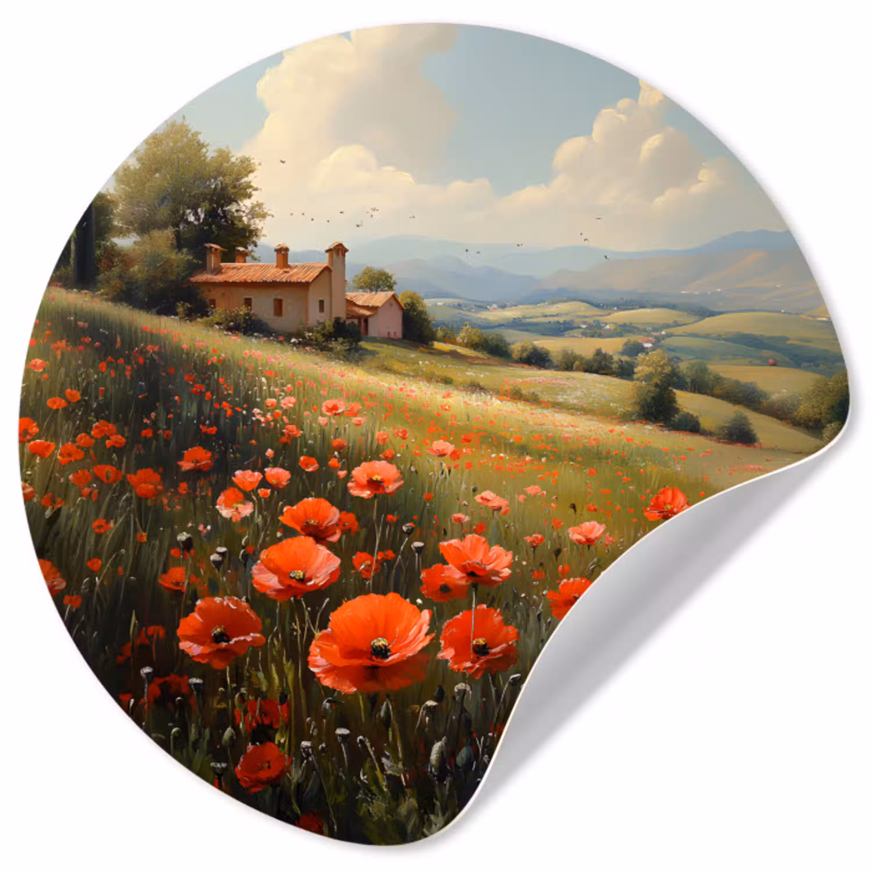 Klaprozen - Rood - Heuvels - Landschap Wandcirkel behangsticker klein -3d