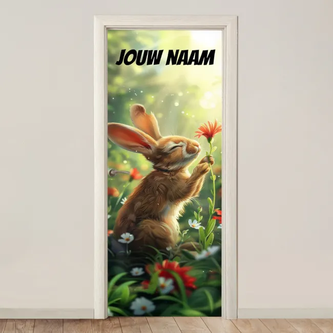 Deursticker met naam - Konijntje - Bloem - Zonlicht