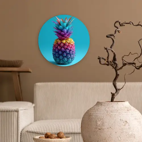 Ananas - Regenboog - Blauw - Popart Wandcirkel kunststof plaat 5mm dik klein -sfeer1