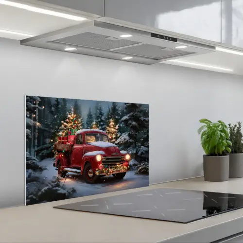 Kersttruck - Sneeuwbos - Rood keuken achterwand spatscherm klein -3d_schuin