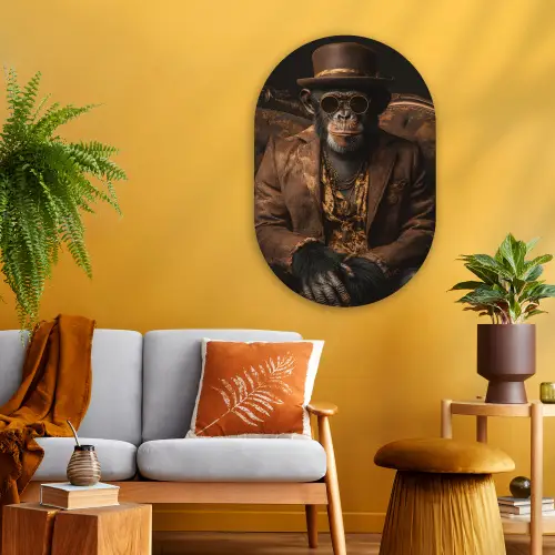 Chimpansee - Stoel - Pak - Bruin Wandcirkel Ovaal Glas middel -sfeer4