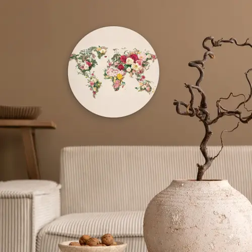 Wereldkaart - Bloemen - Roze Wandcirkel kunststof plaat 5mm dik klein -sfeer1