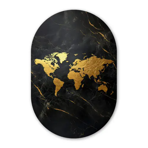 Wereldkaart - Goud - Marmer Wandcirkel Ovaal Glas middel -3d