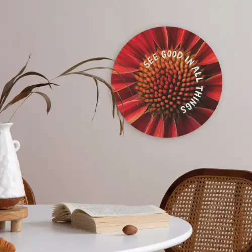 Close up - Bloem - Quote - Rood Akoestische PET Vilt - Rond klein -sfeer3