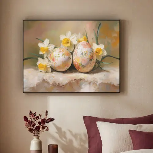 Bloemen - Eieren - Geschilderd Textielframe zwart klein -sfeer1