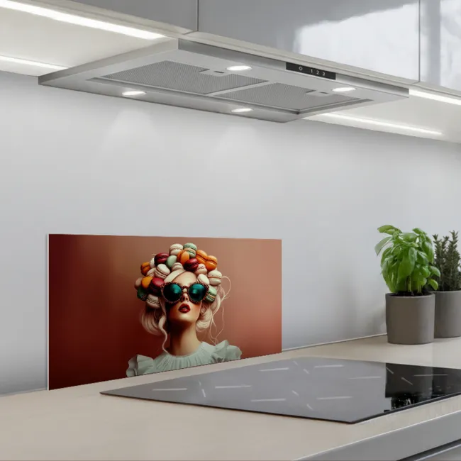 Vrouw - Macarons - Bril keuken achterwand spatscherm klein -3d_schuin