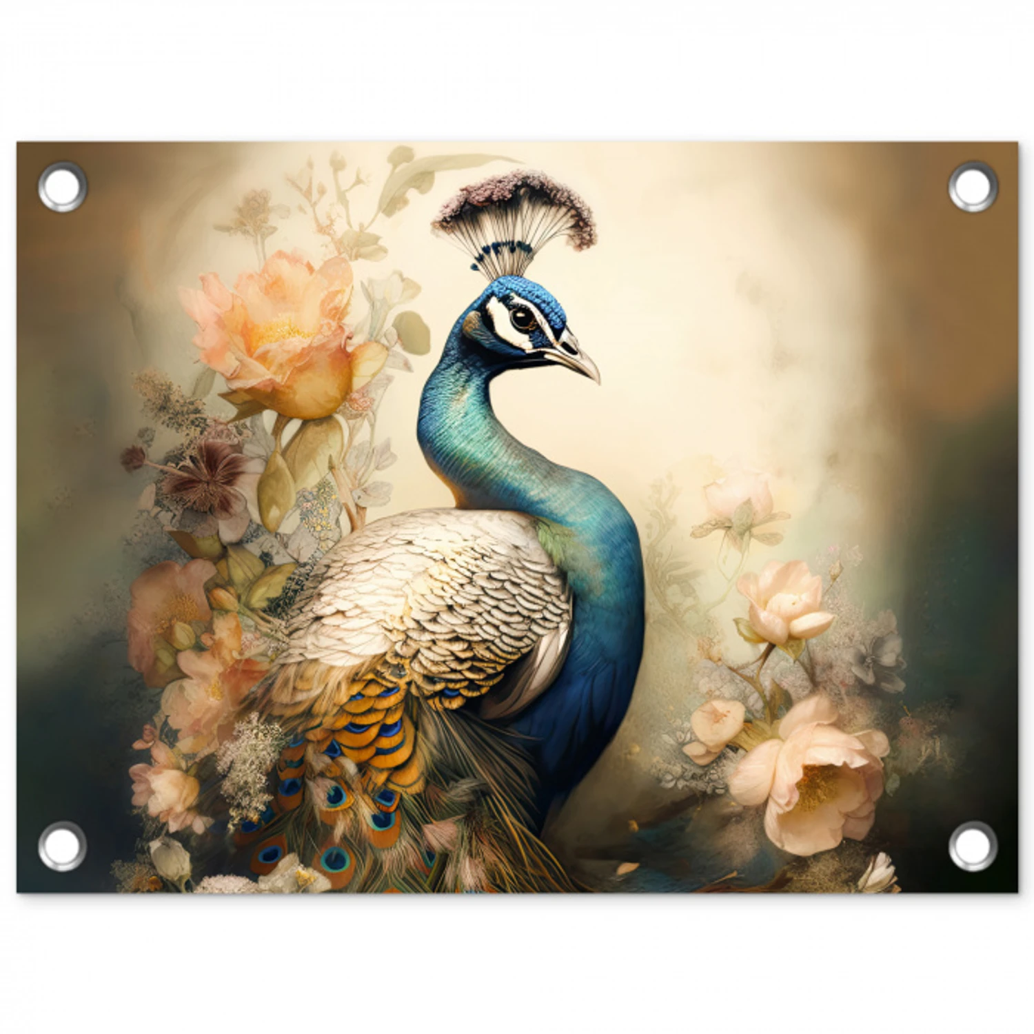 Pauw - Pauwenveren - Bloemen - Vogels - Botanisch tuinposter los doek klein -3d