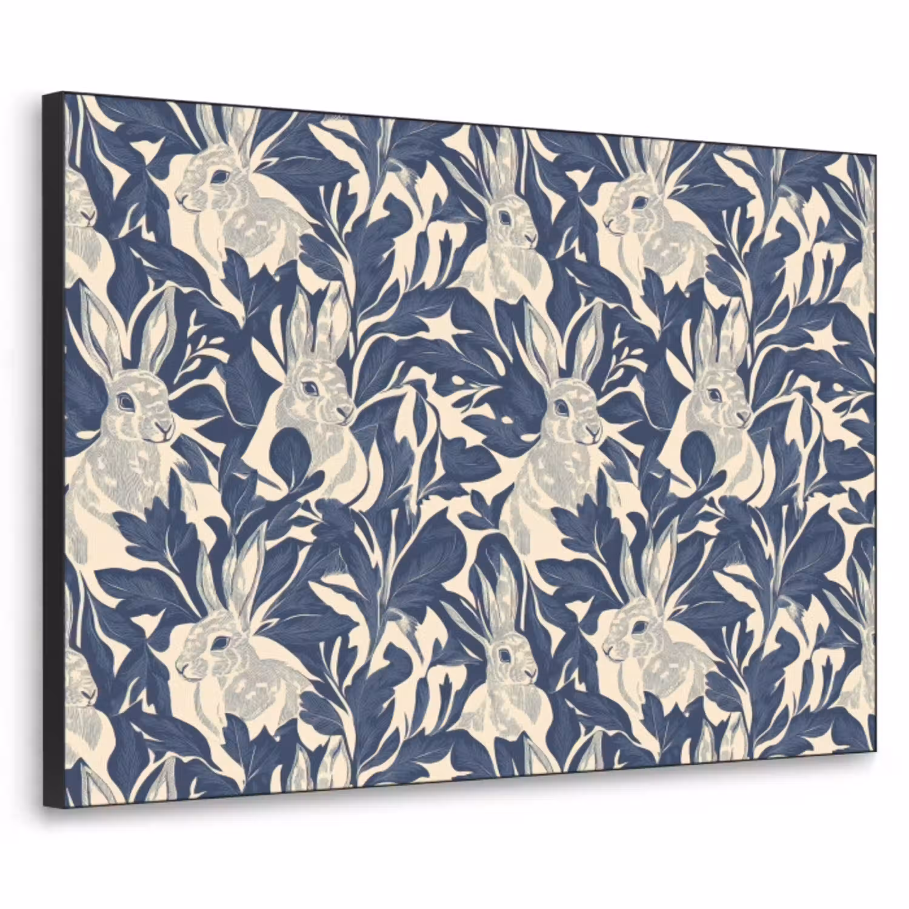 Hazen - Bladeren - Patroon - Blauw - Beige Textielframe zwart klein 947 -3d