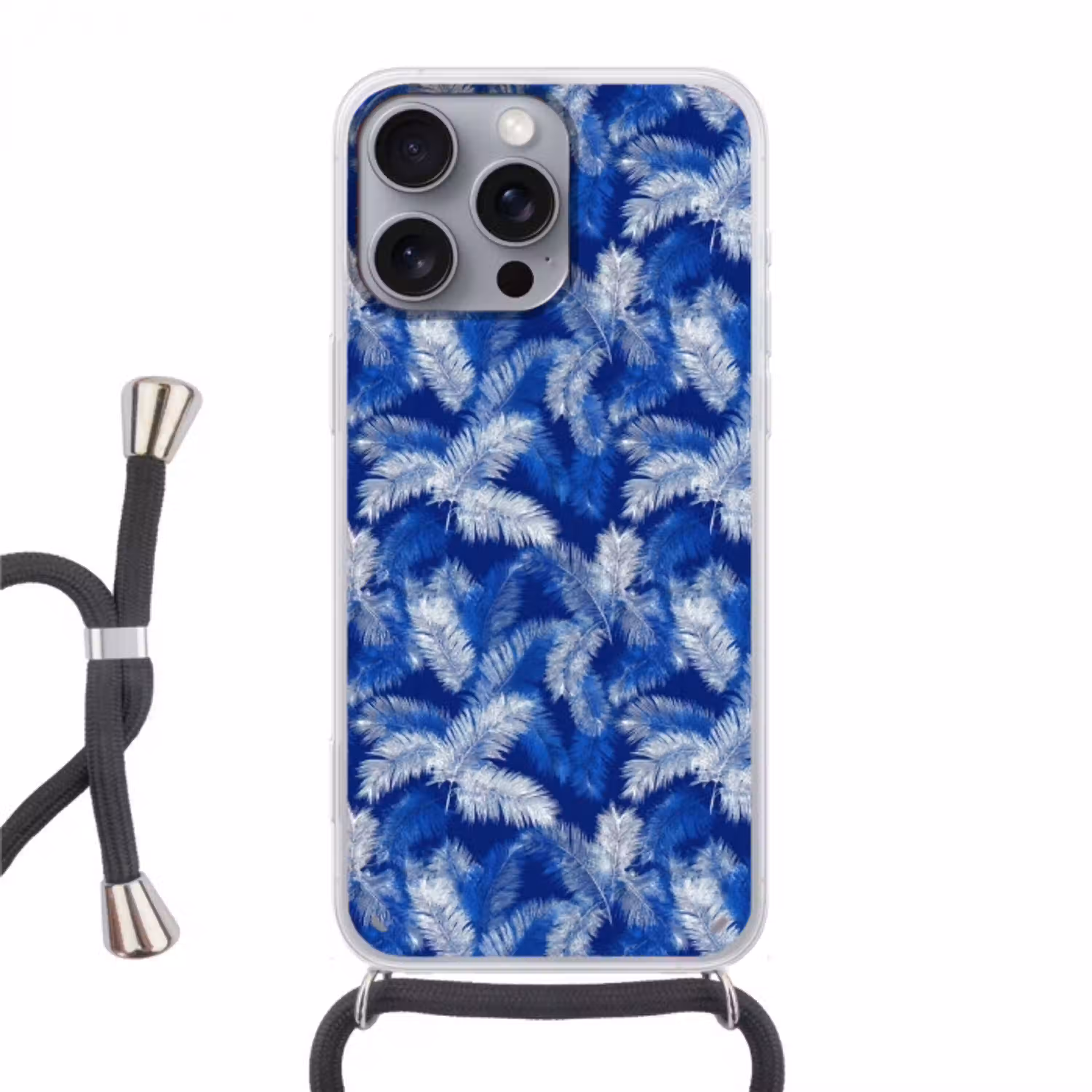 Palmblad - Patroon - Blauw Hoesje iPhone 16 Pro Max met koord klein 804 -3d