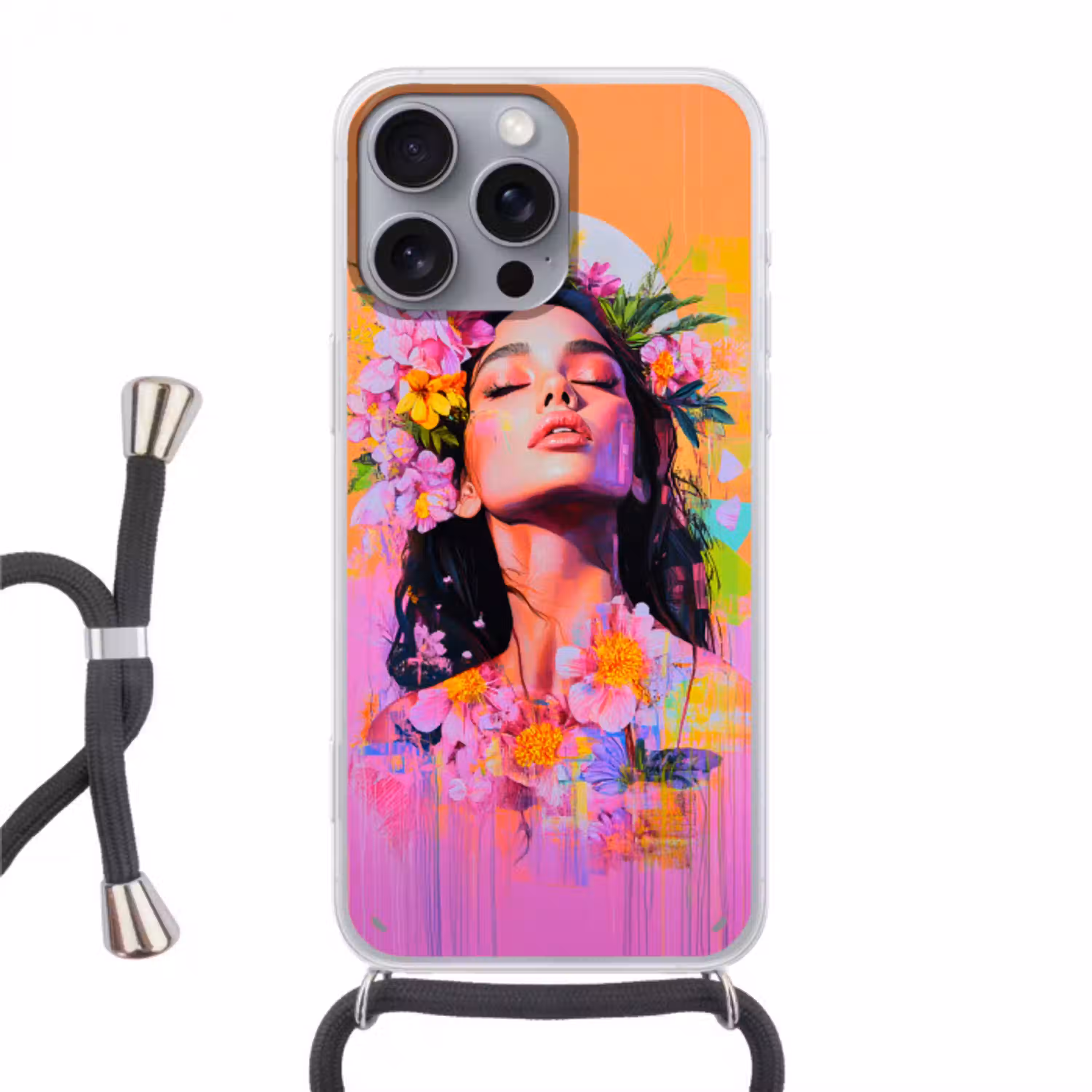 Portret - Bloemenkroon - Vrouw Hoesje iPhone 16 Pro Max met koord klein -3d
