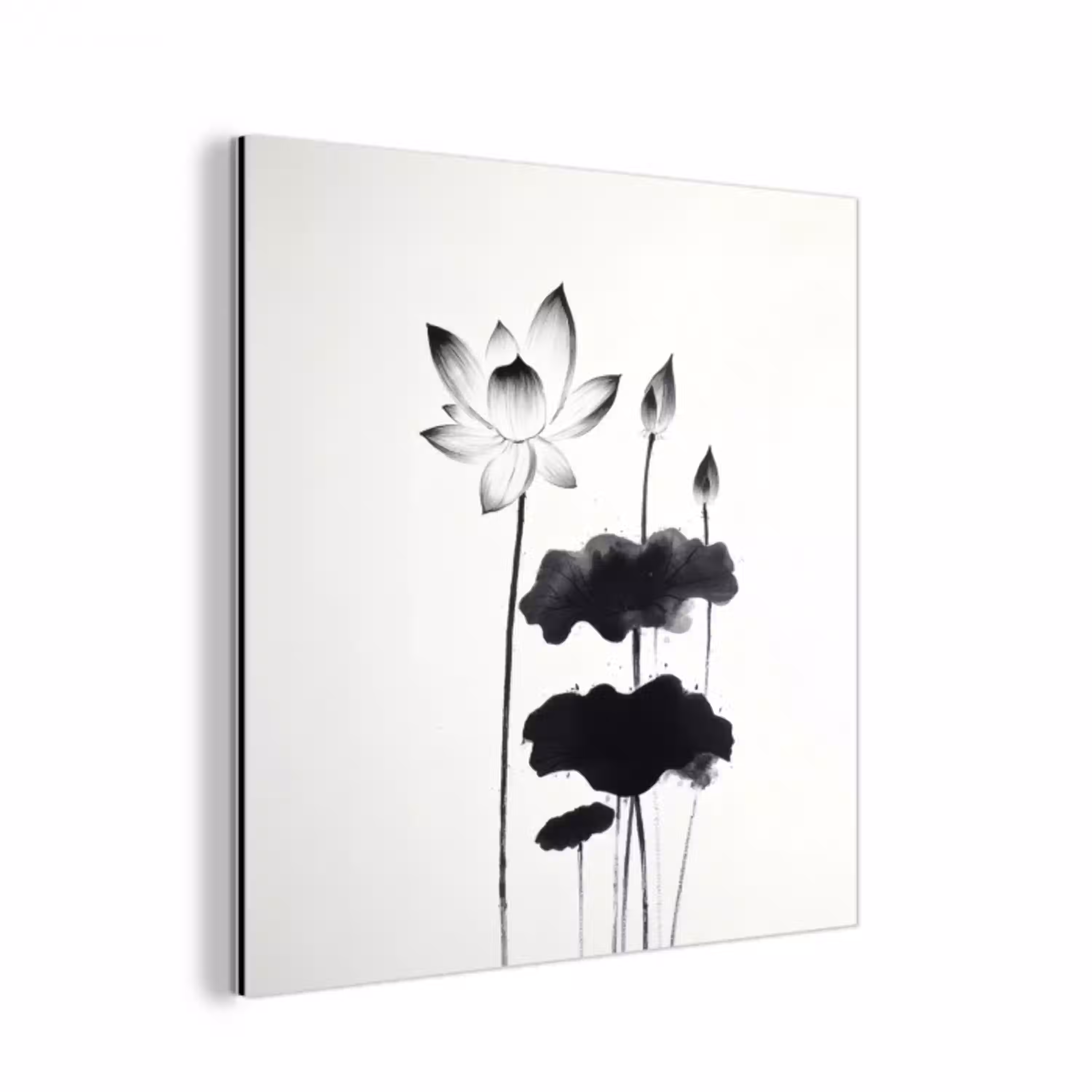 Bladeren - Zwart - Lotusbloem - Minimalitisch aluminium wit klein -3d