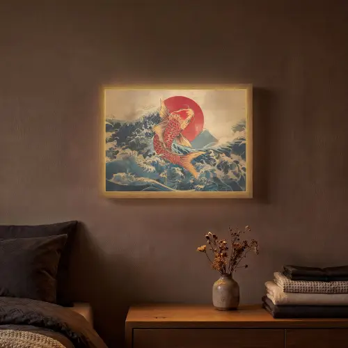 Koi - Zee - Golven - Zon Light Box met batterij (Wandlamp) middel -sfeer4