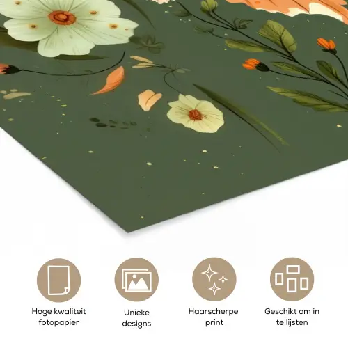 Bloemen - Bladeren - Olijfgroen - Vlinder poster papier klein -closeup_NL