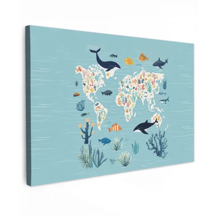 Wereldkaart - Zeeleven - Blauw Tuinposter op houten frame 2 cm dik klein -3d
