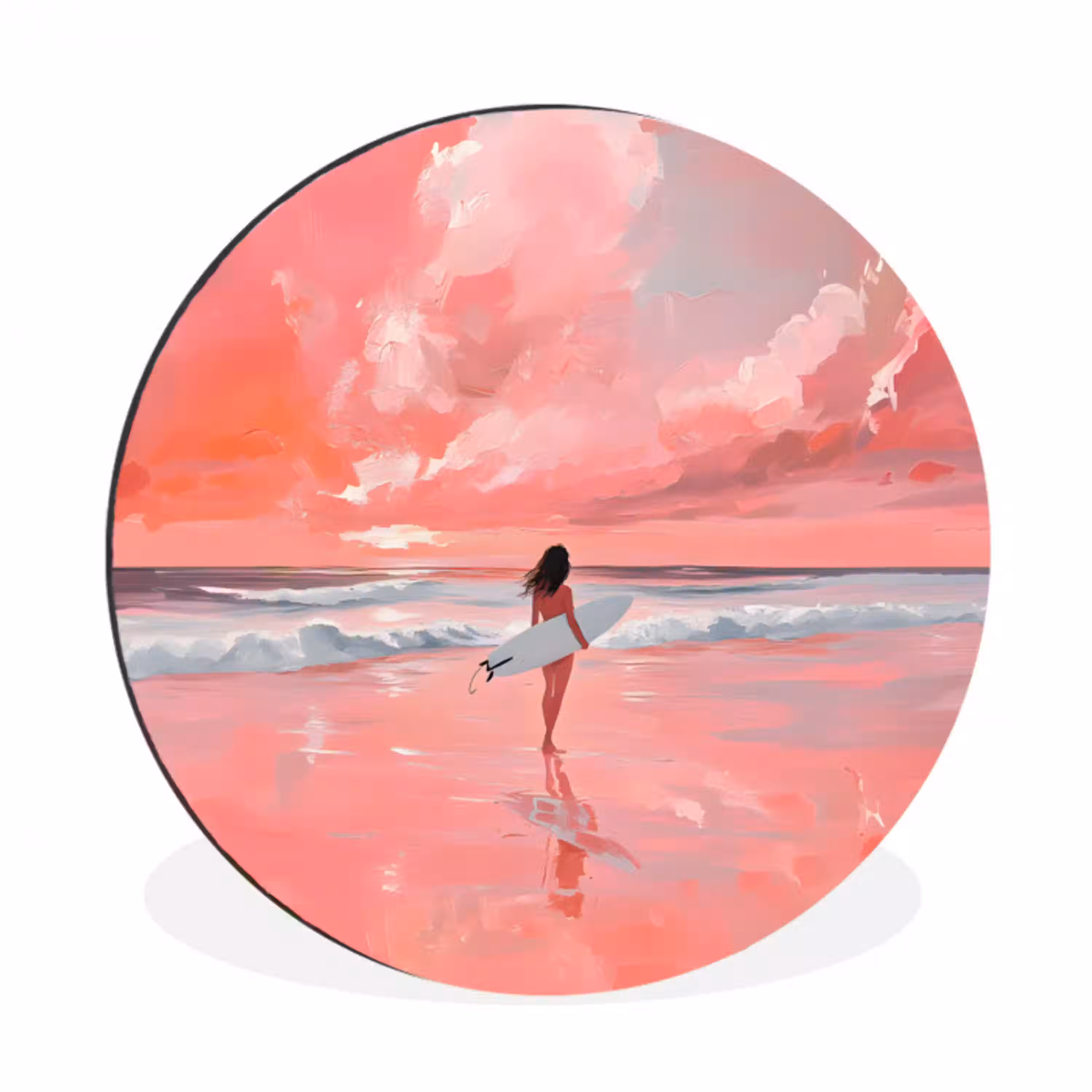 Roze - Surfen - Zee Wandcirkel aluminium klein -3d