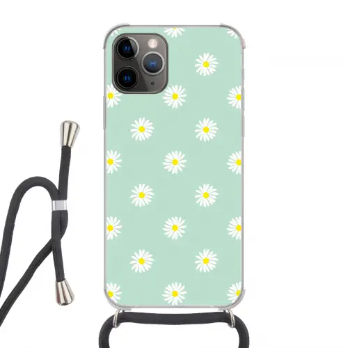 Madeliefjes - Pastel - Wit - Groen - Bloemen patroon Hoesje iPhone 12 Pro met koord klein -3d