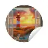 Doorkijk - Raam - Vuurtoren - Zonsondergang - Strand Wandcirkel tuinposter met ringen klein -3d