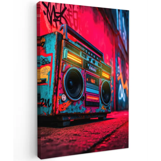 Boombox - Rood - Graffiti - Neon Tuinposter op houten frame 2 cm dik klein -3d