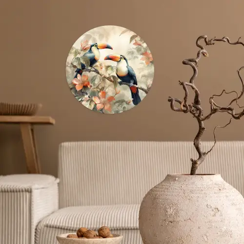 Toekan - Vogels - Bloemen - Tak Wandcirkel behangsticker klein -sfeer1