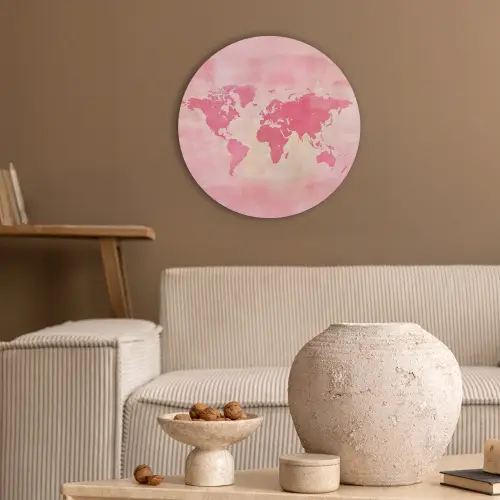 Wereldkaart - Roze - Vaag Akoestische PET Vilt - Rond klein -sfeer1