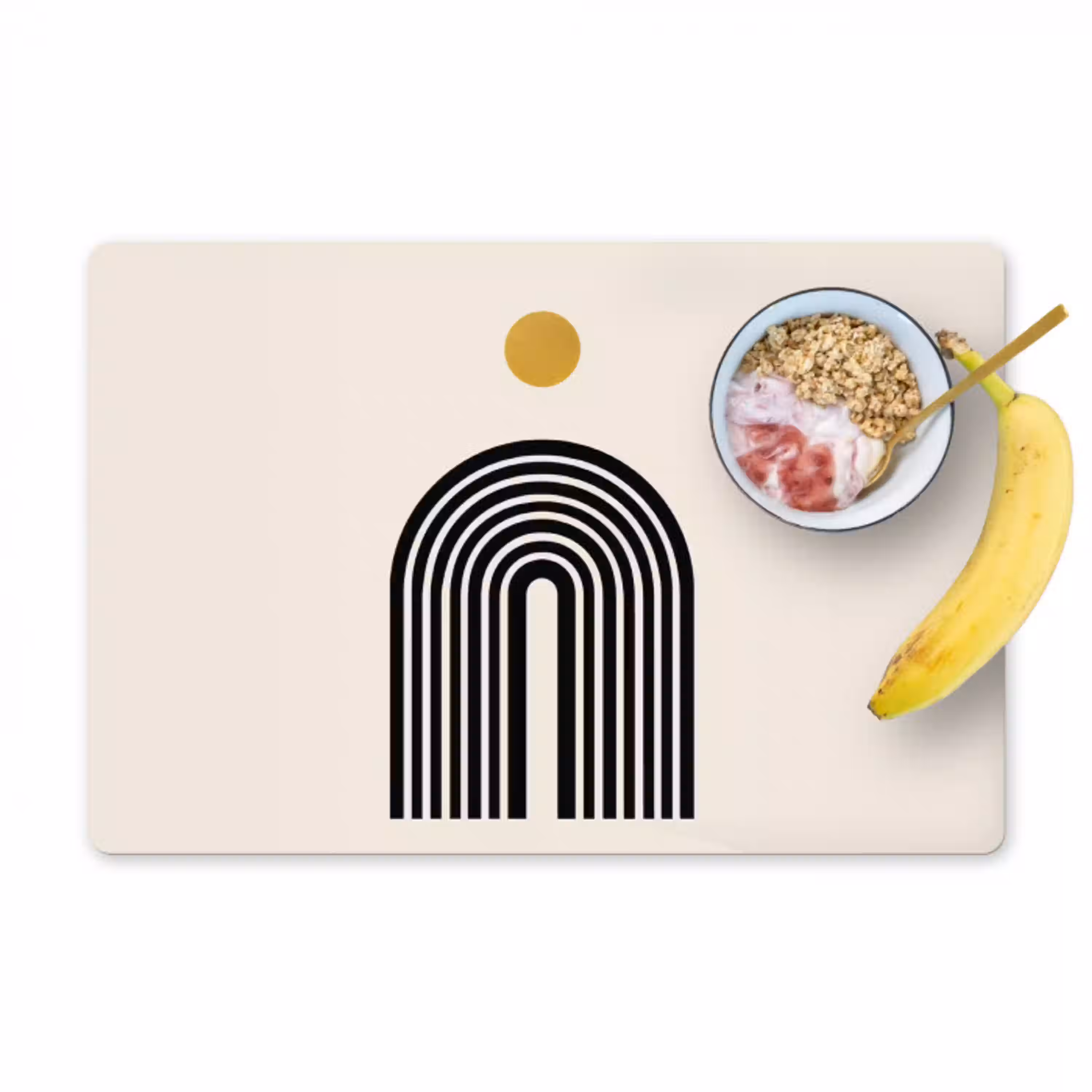 Minimalistisch - Zwarte boog - Gouden cirkel Placemat vinyl groot -zzzproduct_Kitchenyeah-website