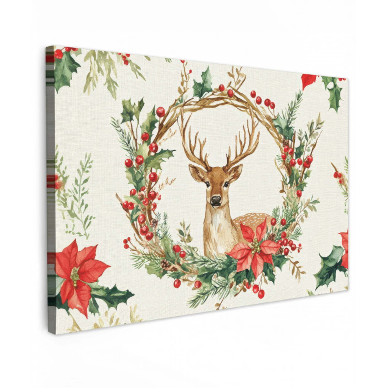 Kerstkrans - Hert - Hulst - Rood canvas 2cm klein -z3d