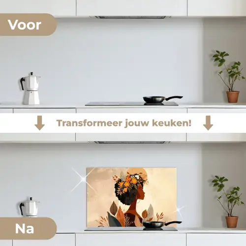 Vrouw - Krullen - Bloemen - Beige keuken achterwand spatscherm klein -voor_na_NL