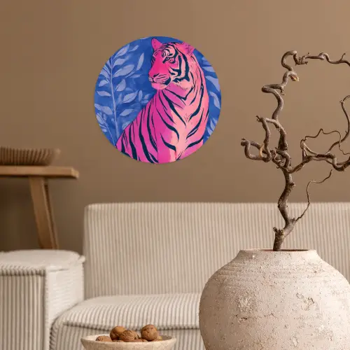 Tijger - Roze - Bladeren - Jungle Wandcirkel behangsticker klein -sfeer1