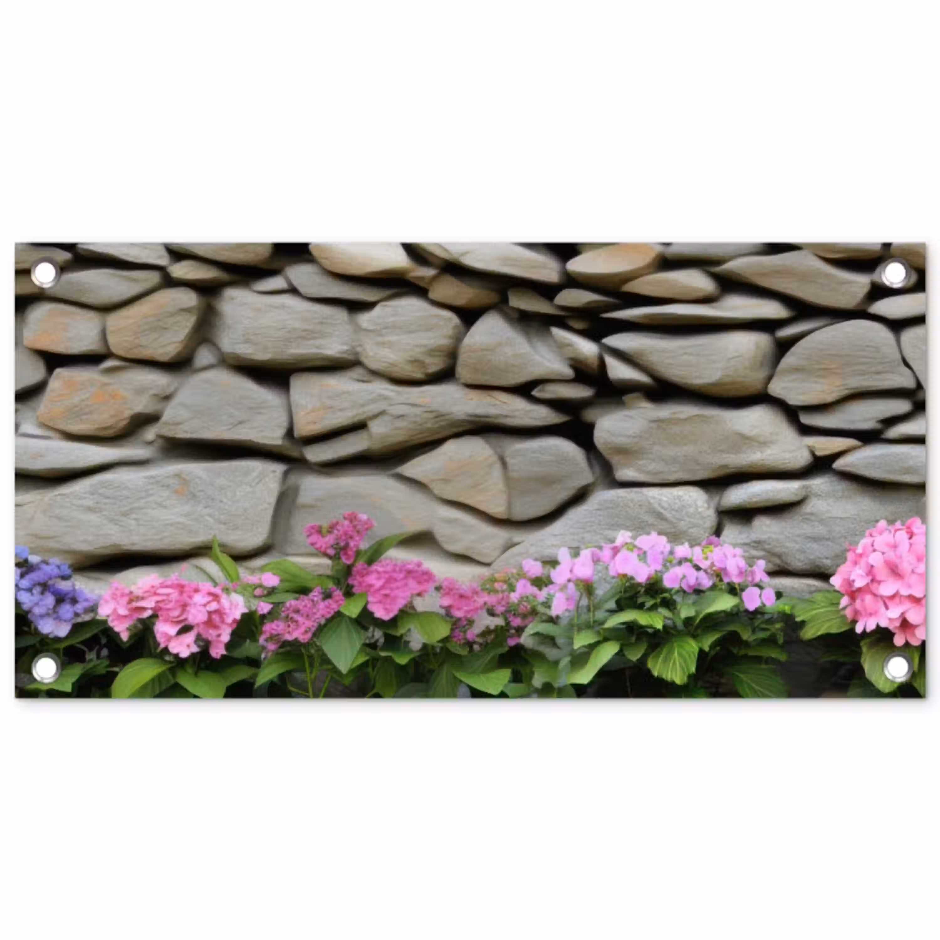 Hortensia’s - Stenen - Muur - Bloemen tuinposter los doek klein -3d