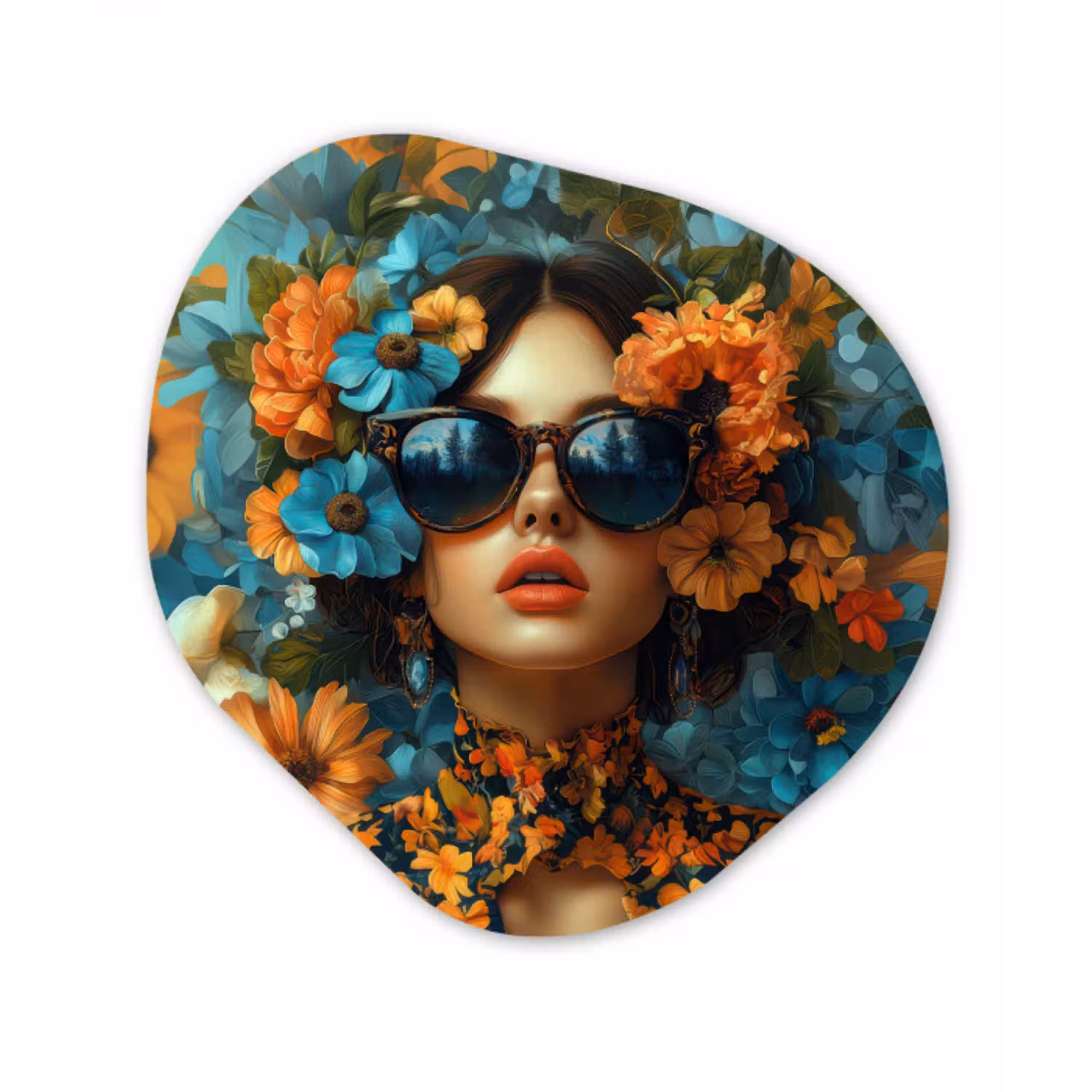 Vrouw - Bloemen - Oranje - Blauw - Modern Wandcirkel Organisch Aluminium middel -3d