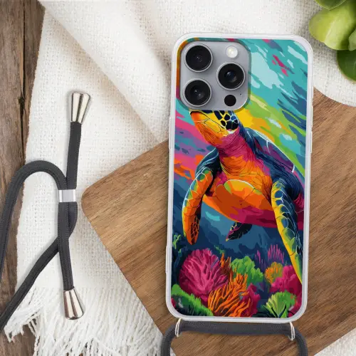 Koraal - Schildpad - Abstract - Water Hoesje iPhone 16 Pro Max met koord klein -sfeer4