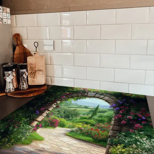 Doorkijk - Landschap - Bloemen - Pad - Uitzicht Inductie beschermer vinyl 3mm middel -sfeer3