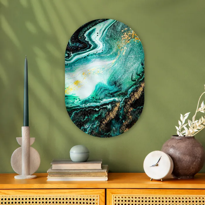 Marmerlook - Blauw - Goud - Glitter - Luxe - Marmer Wandcirkel Ovaal Forex klein -sfeer2