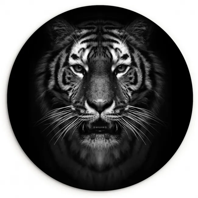 Tijger - Dieren - Zwart - Wit - Portret - Wild Wandcirkel kunststof plaat 5mm dik klein -3d