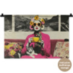 Vrouw - Kat - Bloemen - Kopje - Retro Wandkleed katoen klein -t3d_DE