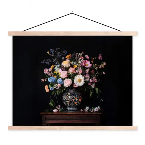 Bloemenvaas - Hout - Bloemen - Boeket textielposter latten blank klein -3d