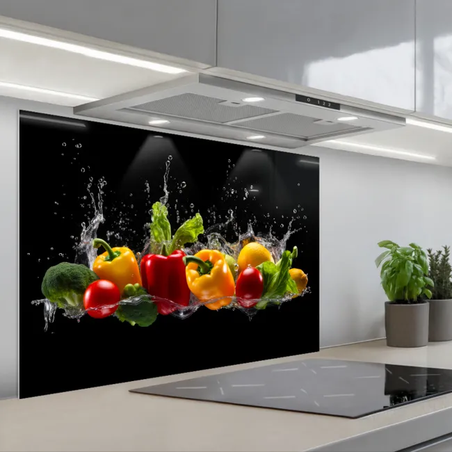 Spritzschutz Küche - Paprika - Wasser - Gemüse - Schwarz