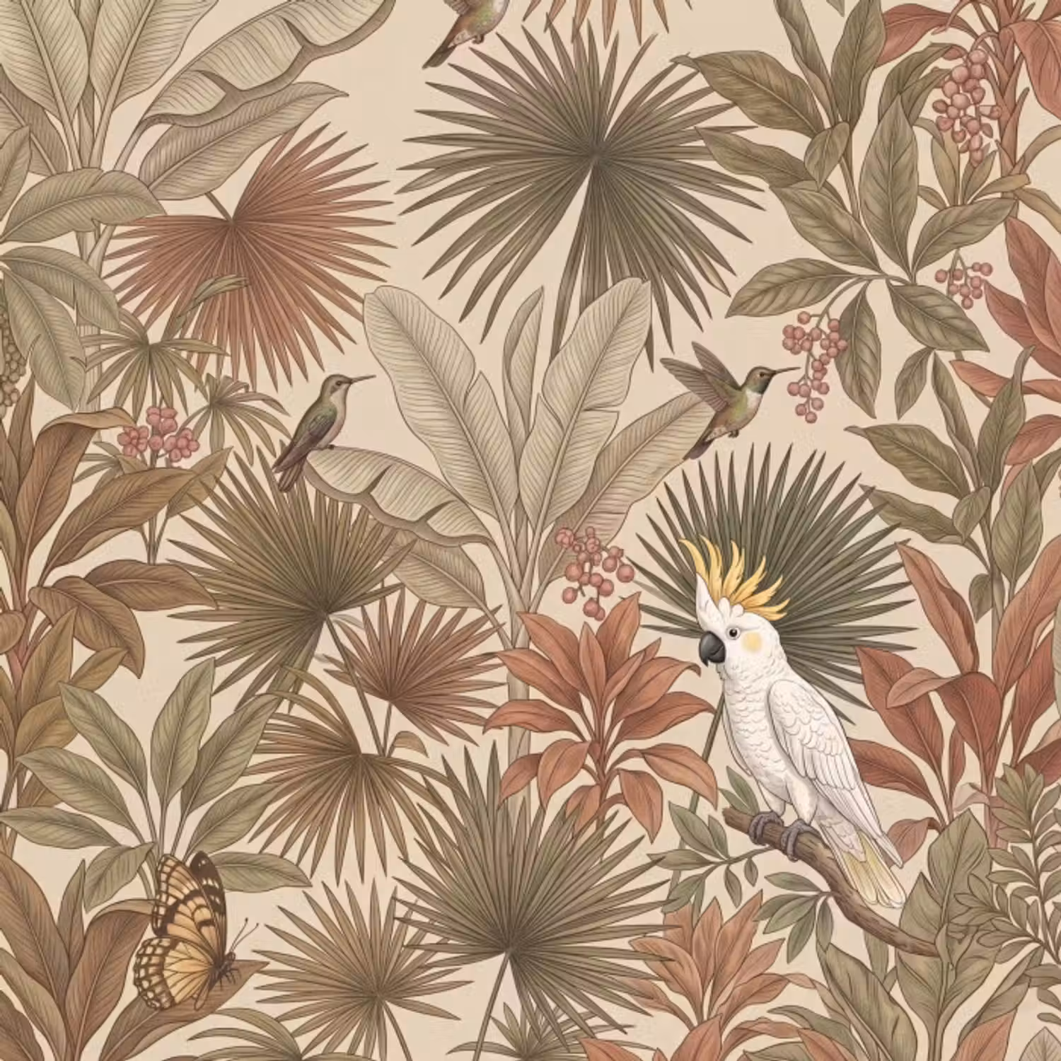 Behang - Tropisch - Vogels - Beige