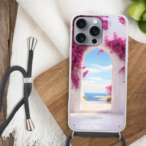 Zee - Roze - Bloemen - Poort Hoesje iPhone 16 Pro Max met koord klein -sfeer4