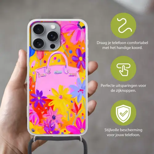 Tas - Roze - Bloemen Hoesje iPhone 16 Pro Max met koord klein -sfeer2_NL