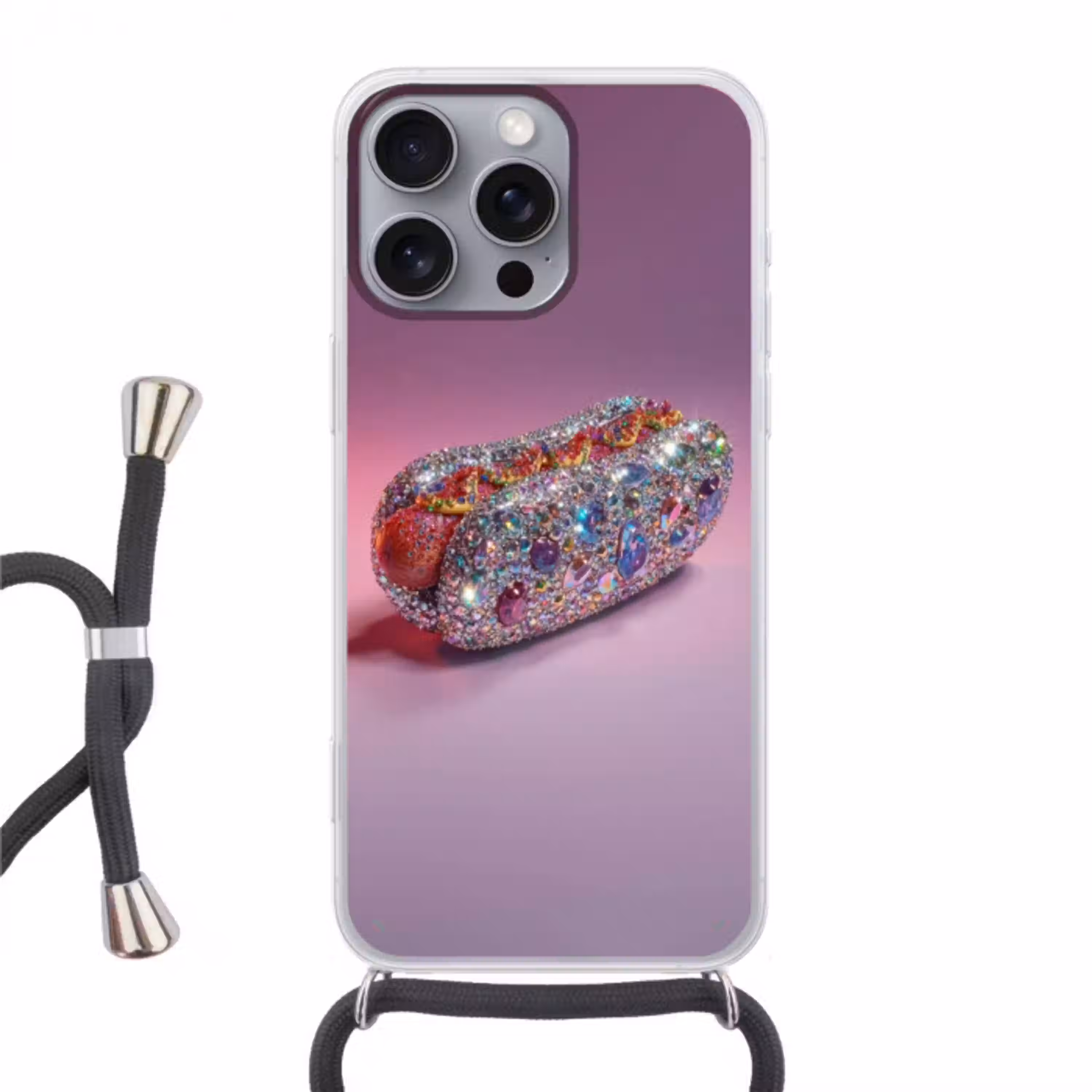 Hotdog - Steentjes - Glitters - Paars Hoesje iPhone 16 Pro Max met koord klein -3d