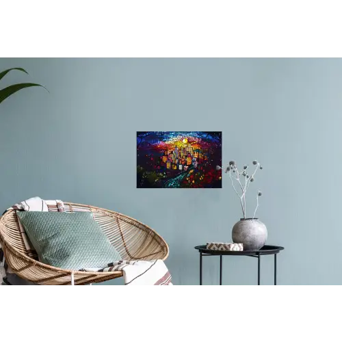 Stad - Maan - Mozaïek - Kleurrijk Muursticker klein -plant
