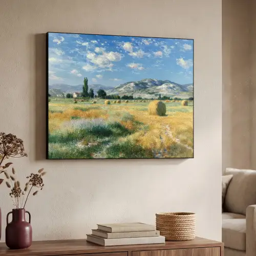 Landschap - Strobalen - Bergen - Wolken Textielframe zwart klein -sfeer3